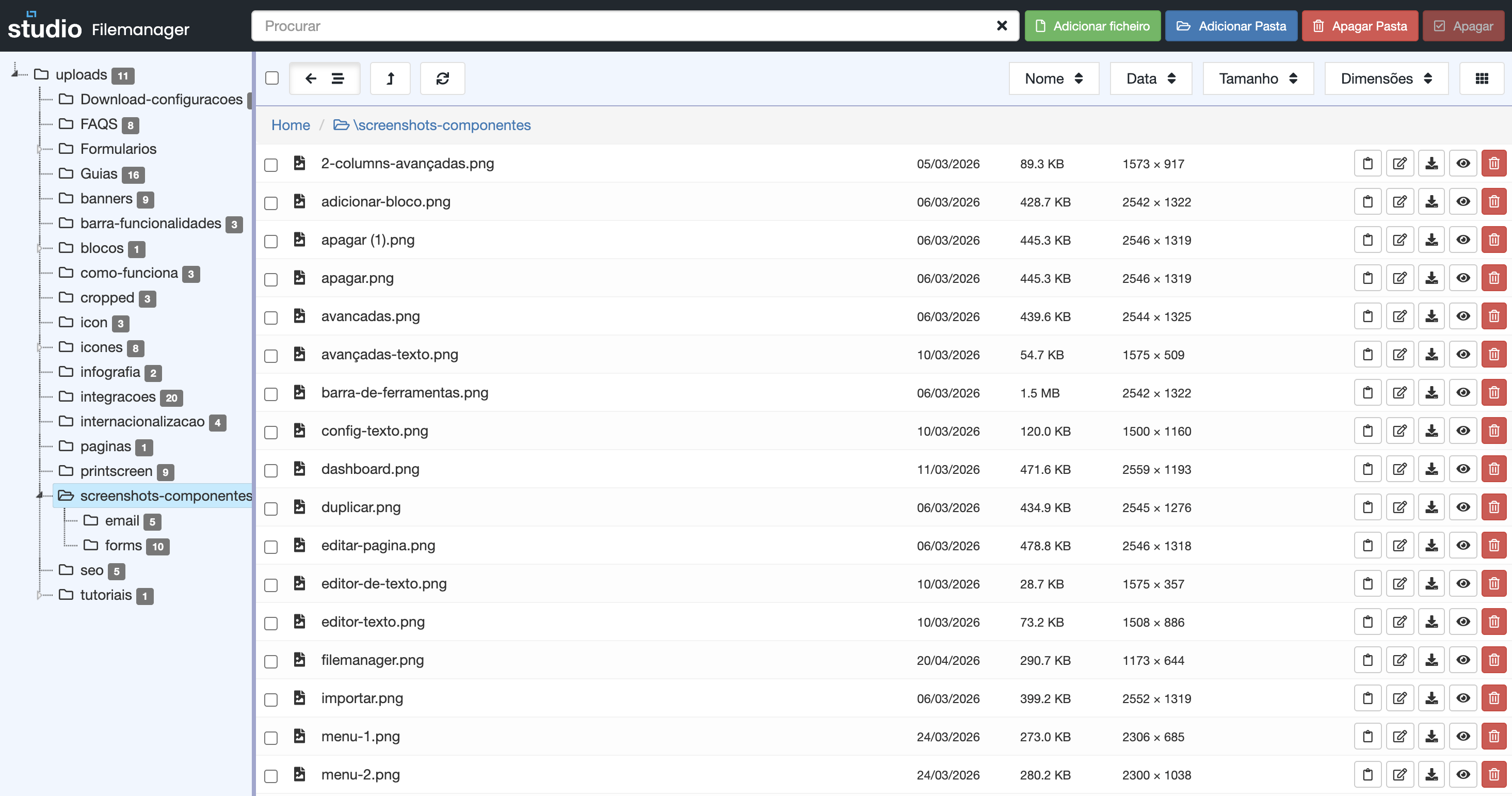 Vista real do Filemanager no Studio CMS com árvore de pastas à esquerda, pesquisa no topo e lista de ficheiros ao centro